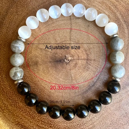Natural Stone Beaded Bracelet — White Cat-Eye & Map Stone