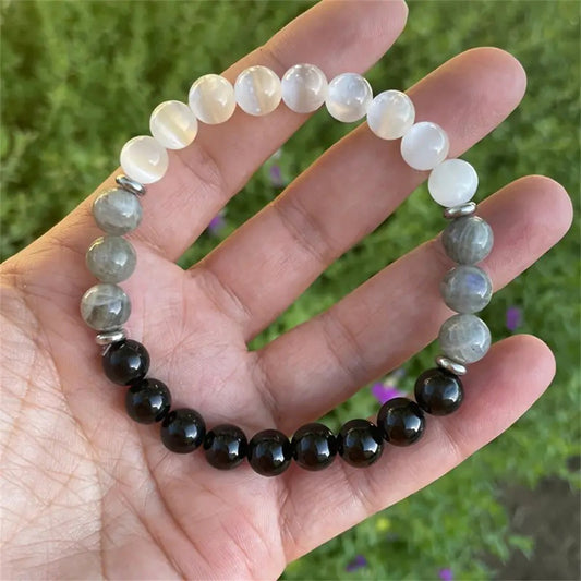 Natural Stone Beaded Bracelet — White Cat-Eye & Map Stone