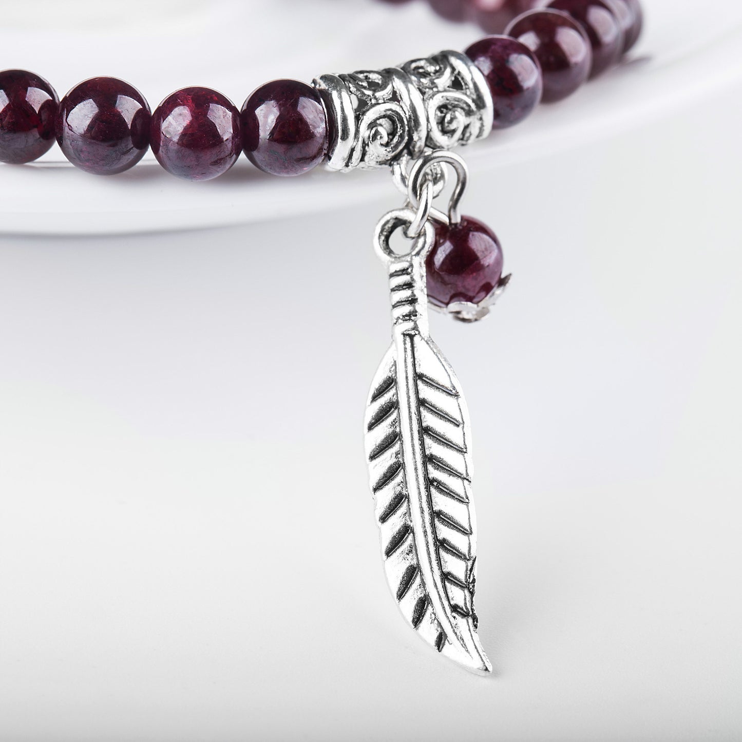 Garnet Beaded Bracelet with Silver Leaf Detail