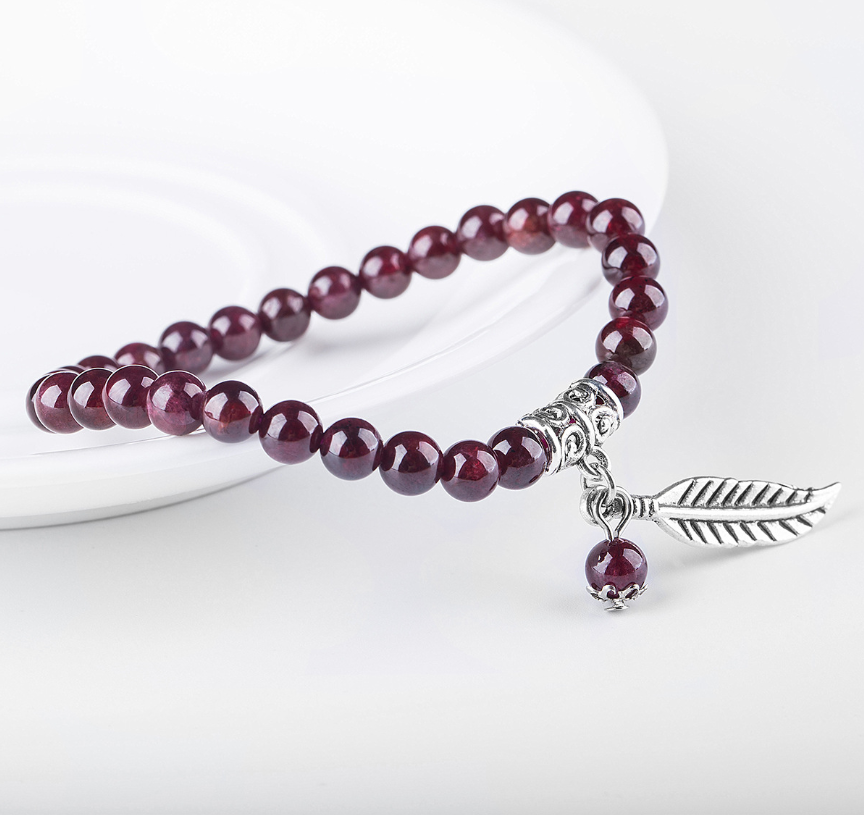 Garnet Beaded Bracelet with Silver Leaf Detail