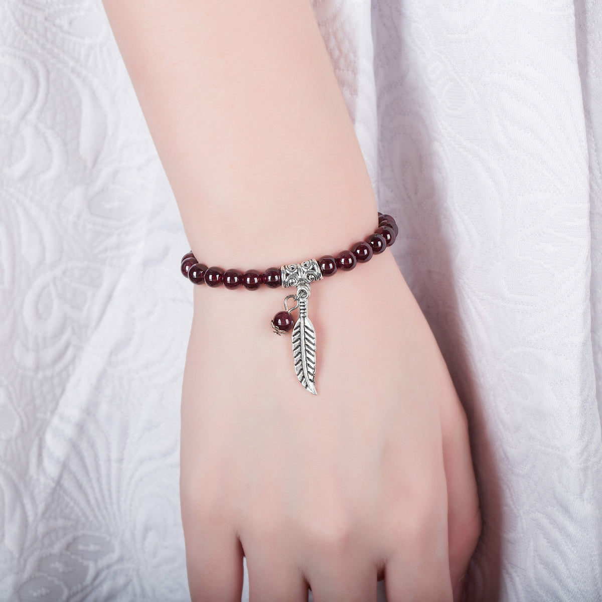 Garnet Beaded Bracelet with Silver Leaf Detail