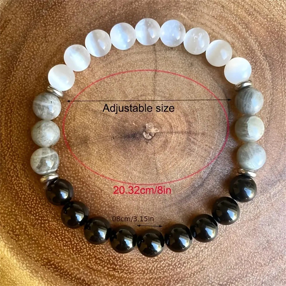 Natural Stone Beaded Bracelet — White Cat-Eye & Map Stone