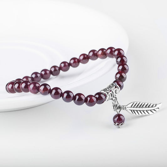 Garnet Beaded Bracelet with Silver Leaf Detail
