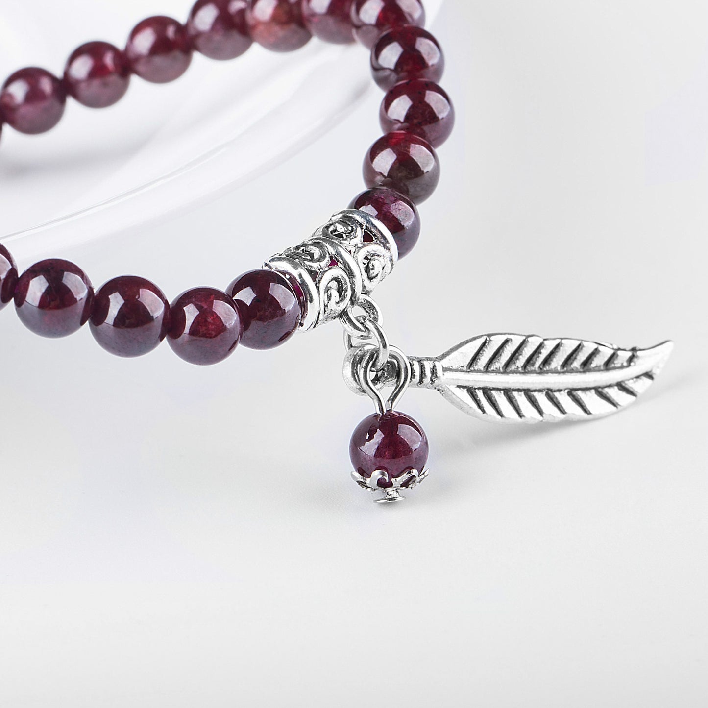 Garnet Beaded Bracelet with Silver Leaf Detail